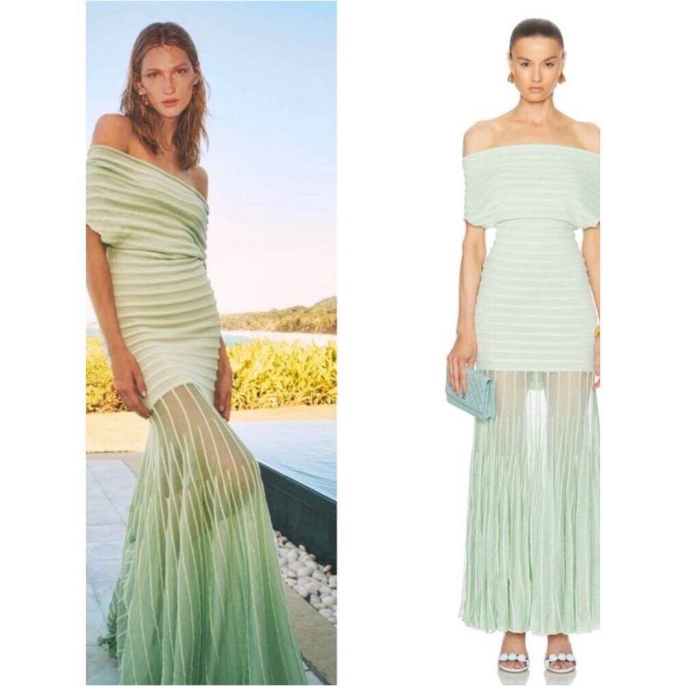 ALEXIS Marce Off the Shoulder Stripe Knit Sheer Skirt Green Maxi Dress Size XL - Picture 3 of 10
